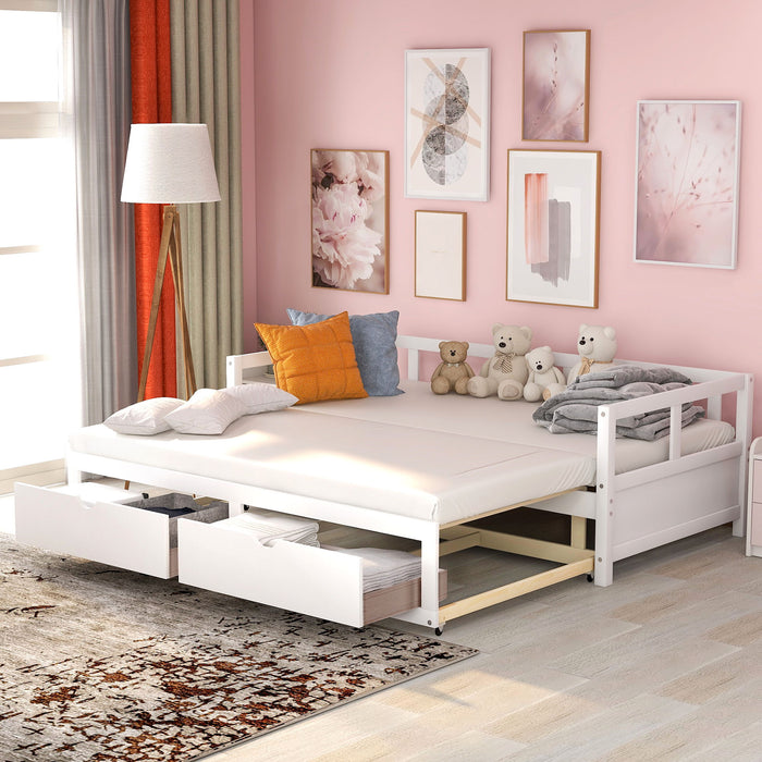 Wooden Daybed With Trundle Bed And Two Storage Drawers, Extendable Bed Daybed, Sofa Bed For Bedroom Living Room - White