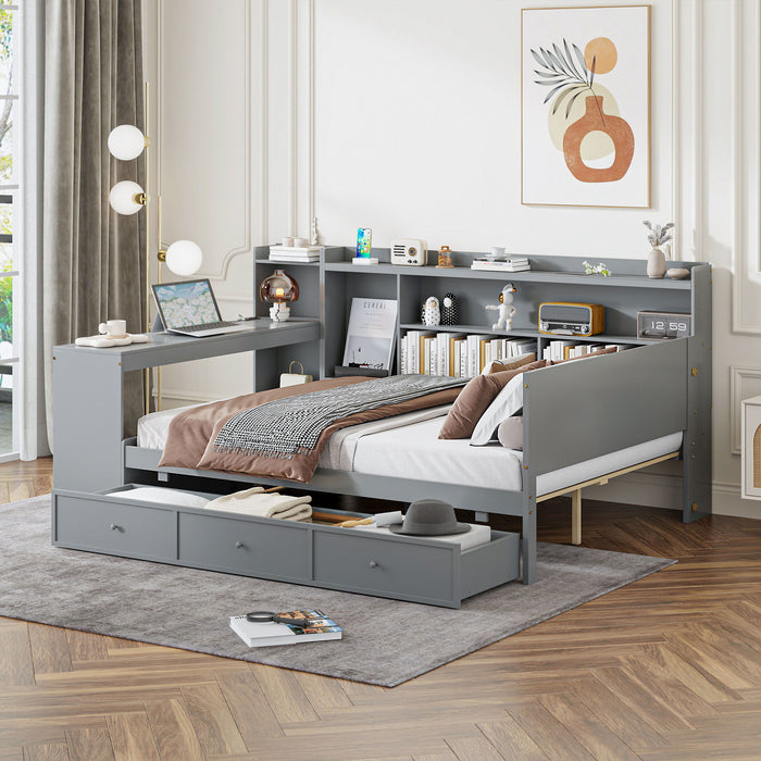 Full Size Wooden Daybed With 3 Drawers, USB Ports And Desk - Gray