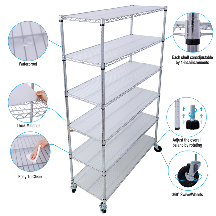 18" 6 Tier 6000Lbs Capacity Nsf Metal Shelf Wire Shelving Unit, Heavy Duty Adjustable Storage Rack With Wheels & Shelf Liners For Commercial Grade Utility Steel Storage Rack - Chrome