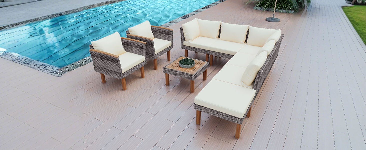 9 Piece Patio Rattan Furniture Set, Outdoor Conversation Set With Acacia Wood Legs And Tabletop, PE Rattan Sectional Sofa Set With Coffee Table, Washable Cushion