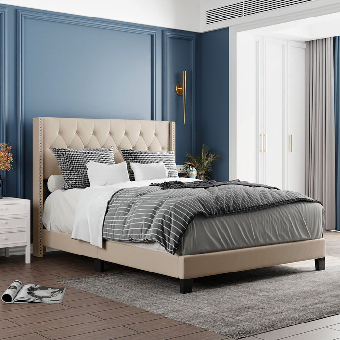 Queen Size Upholstered Platform Bed With Classic Headboard, No Box Spring Needed - Beige