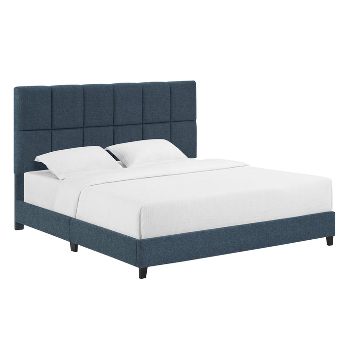 King Size Squares Upholstered Platform Bed - Navy Blue Denim