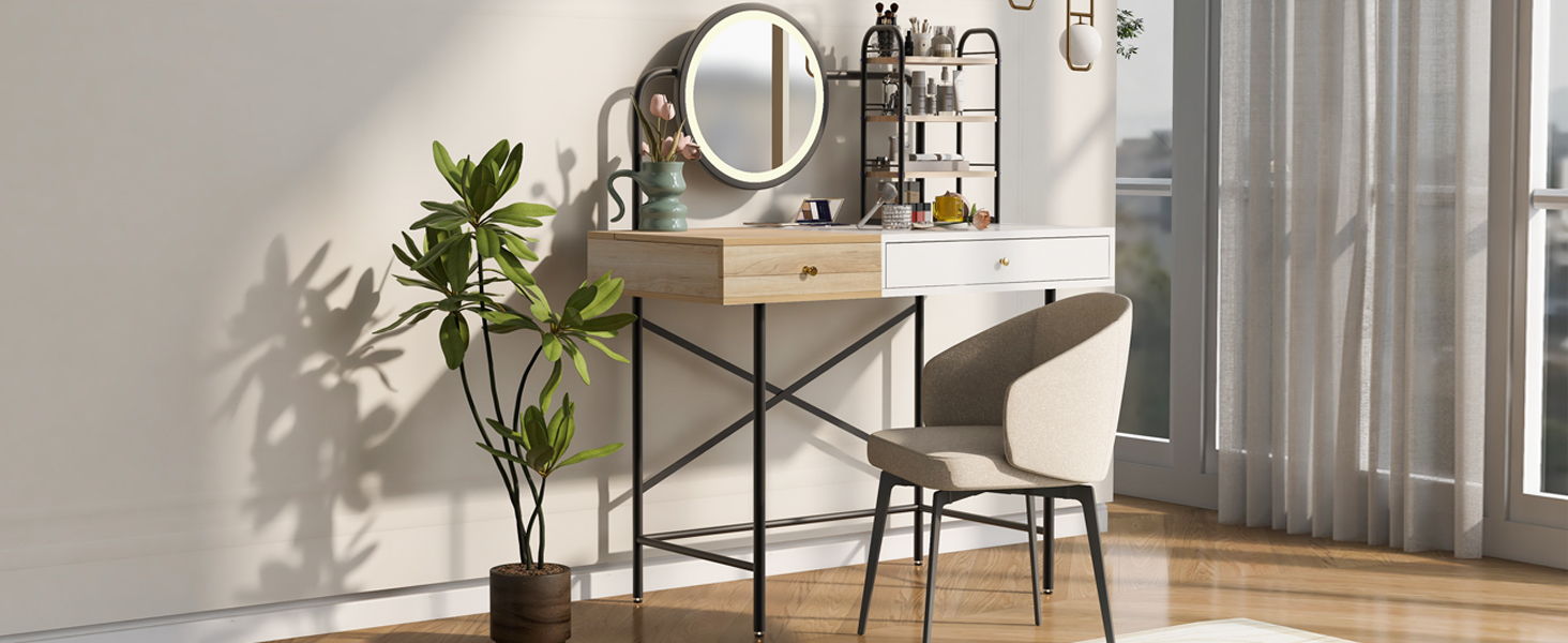 Makeup Vanity Desk With 3-Mode Lighted Mirror & Wireless Charging Station, Vanity Table With Drawer & 3 Open Shelves For Ample Storage Space, Dressing Table For Bedroom