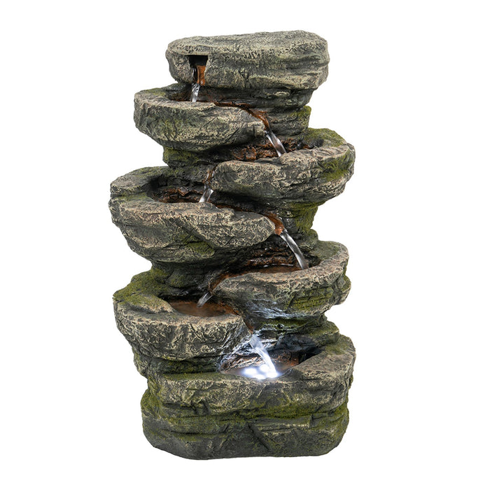 Indoor Stone-Look Water Fountain, 7 Tier Polyresin Cascading Rock Tabletop Fountain With LED Light - Gray