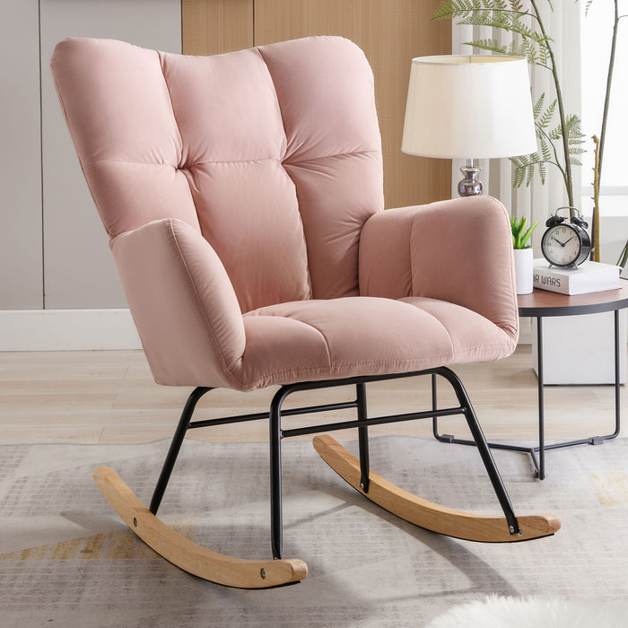 Mid-Century Modern Teddy Fabric Tufted Upholstered Rocking Chair Padded Seat For Living Room Bedroom