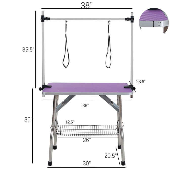 Folding Dog Pet Grooming Table Stainless Steel Frame, Rubber Mat On Board With Adjustable Arm And Clamps Pet Dog Cat Grooming Table - Purple