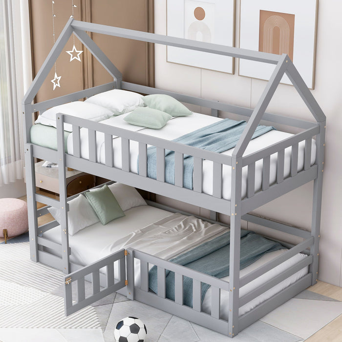 Twin Over Twin House Bunk Bed With Fence And Door - Gray