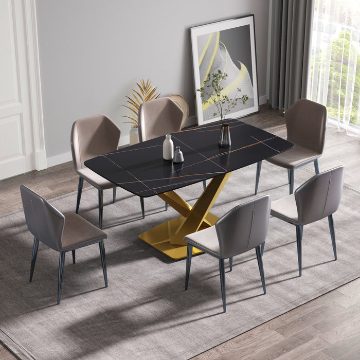 63" Modern Artificial Stone Black Curved Metal Leg Dining Table - Black / Gold