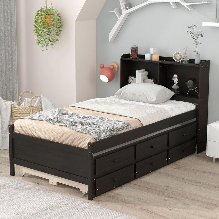 Twin Bed With Bookcase, Twin Trundle, Drawers - Espresso