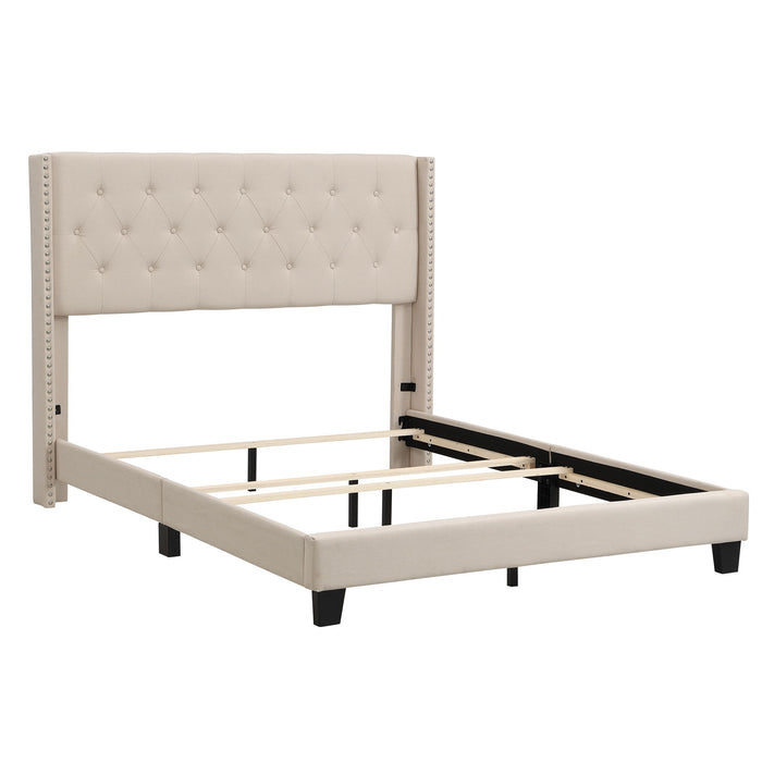 Queen Size Upholstered Platform Bed With Classic Headboard, No Box Spring Needed - Beige