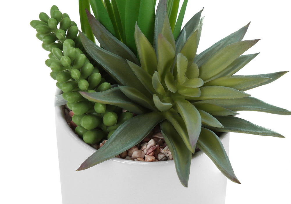 Artificial Plant, 7" Tall, Succulent, Indoor, Faux, Fake, Table, Greenery, Potted, Decorative (Set of 2) - Green / White