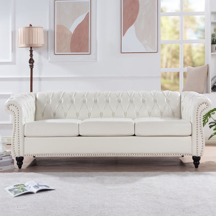 84.65" Rolled Arm Chesterfield 3 Seater Sofa - White