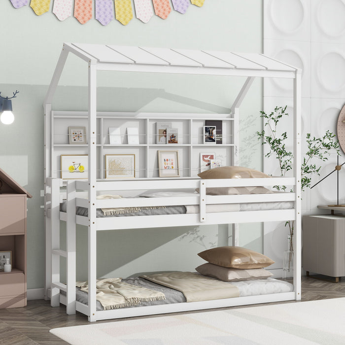 Twin House Loft Bed With Guardrails, Semi-Enclosed Roof, Bedside Shelves And Ladder - White