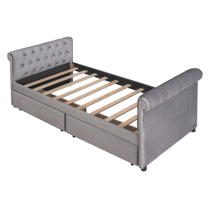 Twin Size Upholstered Daybed With Drawers, Wood Slat Support - Gray