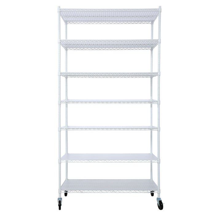 7 Tier Metal Shelf Wire Shelving Unit, 2450Lbs Heavy Duty Adjustable Storage Rack With Wheels & Shelf Liners For Closet Kitchen Garage Basement Commercial Shelving