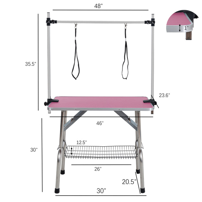 Folding Dog Pet Grooming Table Stainless Steel Frame Rubber Mat On Board With Adjustable Arm And Clamps Pet Dog Cat Grooming Table - Pink