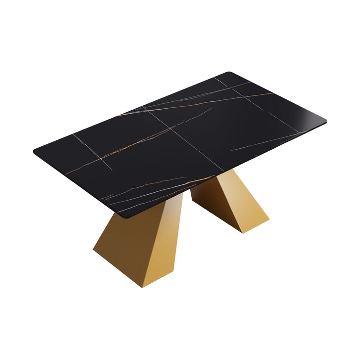 63" Modern Artificial Stone Black Straight Edge Golden Metal Leg Dining Table, 6 People - Black / Gold