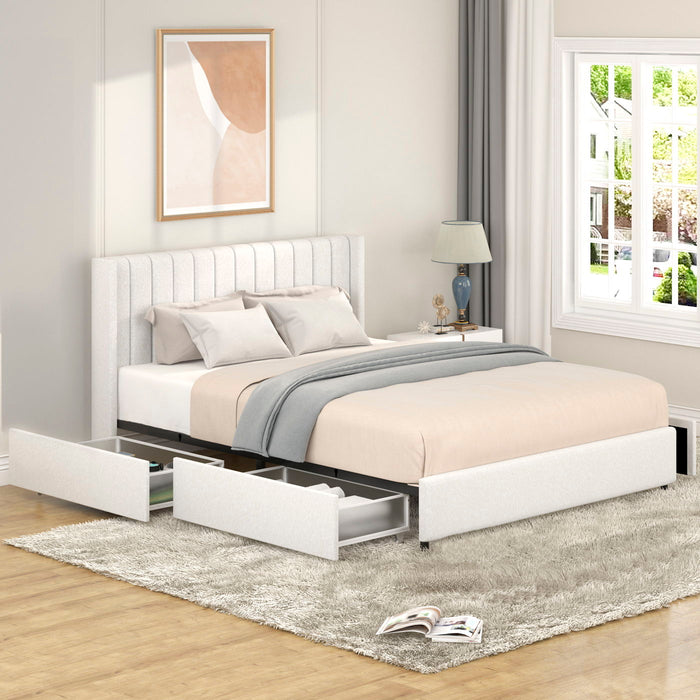 Anda - Queen Boucle Upholstered Platform Bed With Patented 4 Drawers Storage - Ivory