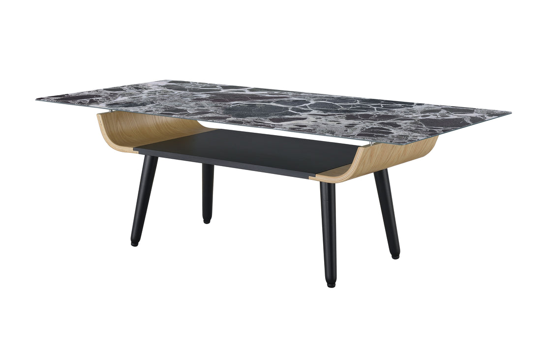 Landon - Coffee Table With Glass Marble Texture Top And Bent Wood Design