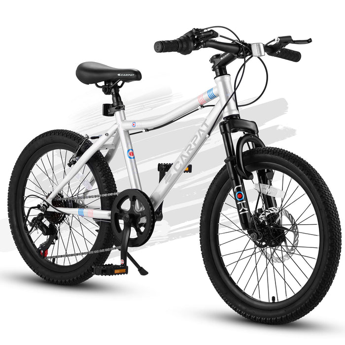 S20101 20" Kids' Bike, Boys Girls Mountain Bike Ages 8-12, 7 Speed Teenager Children Kids' Bicycles, Front Suspension Disc Brake Rear V-Brake, High Steel Frame - White