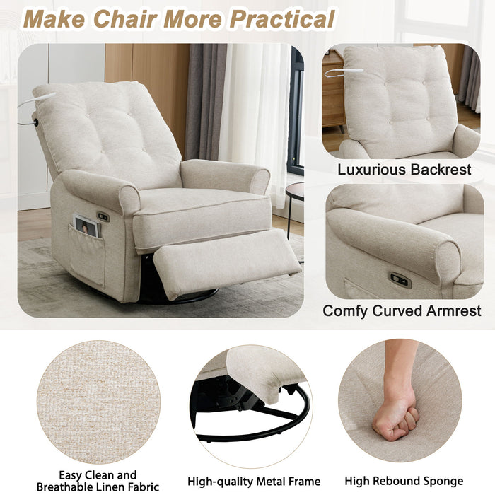 Reclining Chair 270 Degree Swivel Recliner Chairs With USB Port, Side Pocket And Touch Sensitive Lamp For Living Room, Bedroom - Cream