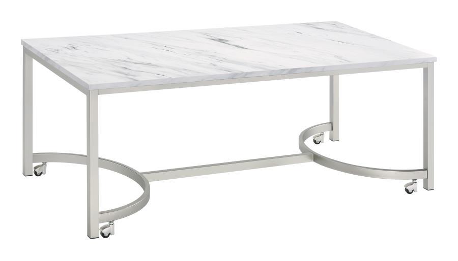 Leona - Faux Marble Coffee Table With Casters - Satin Nickel