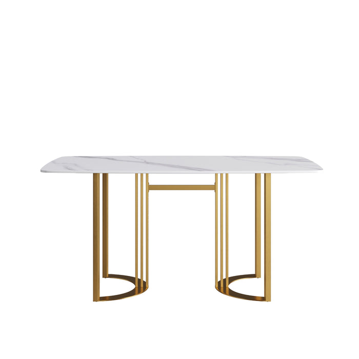 63" Modern Artificial Stone White Curved Metal Leg Dining Table - White / Gold