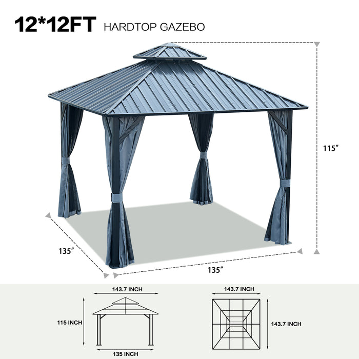 Gazebo Double Roof Canopy With Netting And Curtains, Outdoor Gazebo 2 Tier Hardtop Galvanized Iron Aluminum Frame Garden Tent For Patio, Backyard, Deck And Lawns