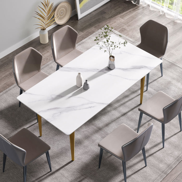 70.87" Modern Artificial Stone White Straight Edge Metal Leg Dining Table, Can Accommodate 6-8 People - White / Gold