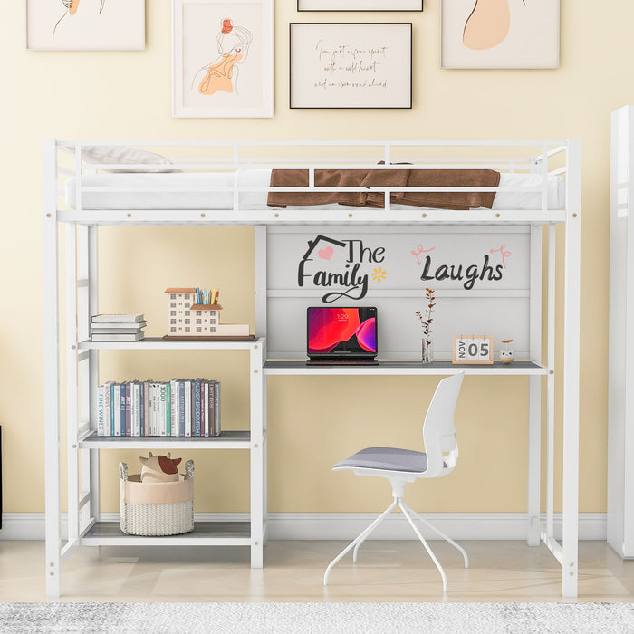 Loft Bed With Desk And Whiteboard, Metal Loft Bed With 3 Shelves And Ladder