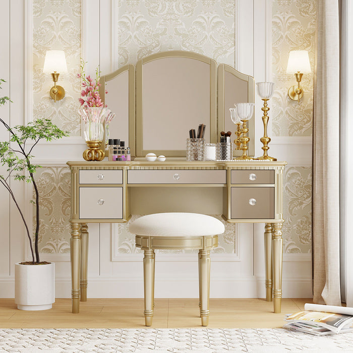 Dressing Table Set With Mirrored Drawers And Stool, Tri-Fold Mirror, Makeup Vanity Set For Bedroom