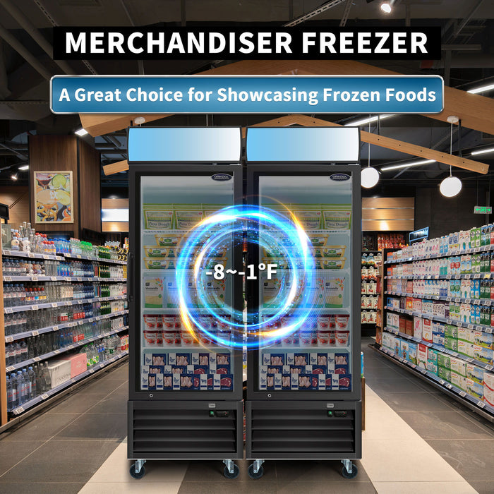 Glass Door Merchandiser Freezer 19.3 Cu.Ft Swing Door Commercial Reach-In Display Freezers With LED Top Panel Upright Freeze Storage - Black