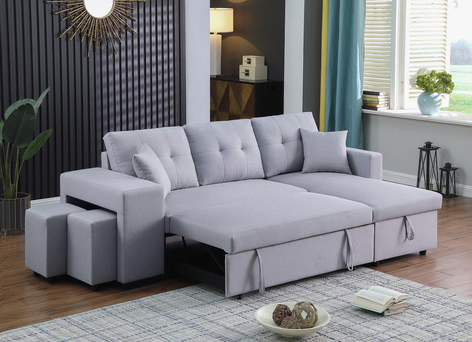 Dennis - Linen Fabric Reversible Sleeper Sectional With Storage Chaise And 2 Stools