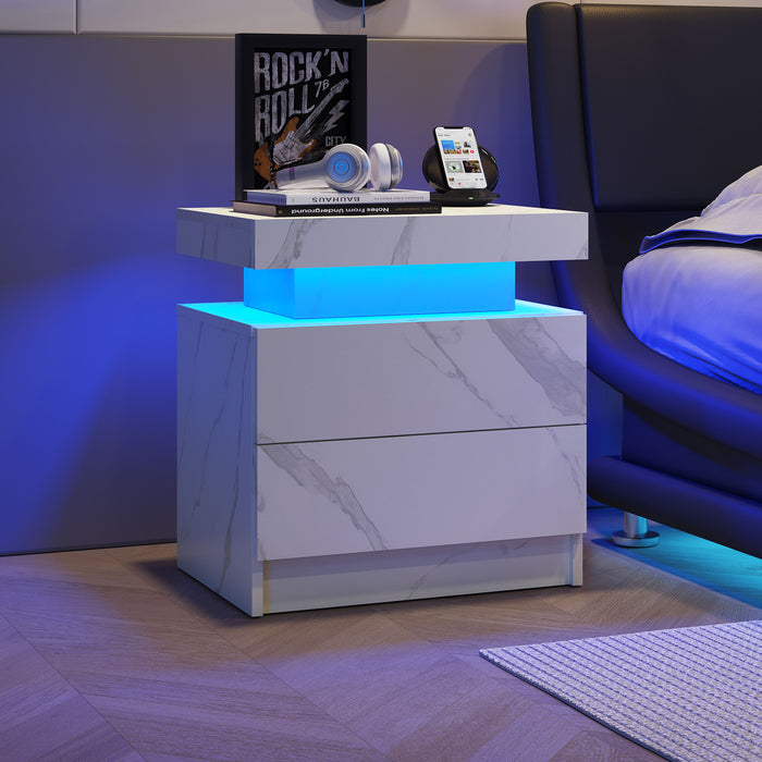 Nightstand LED Bedside Table Cabinet Lights Modern End Side With 2 Drawers For Bedroom