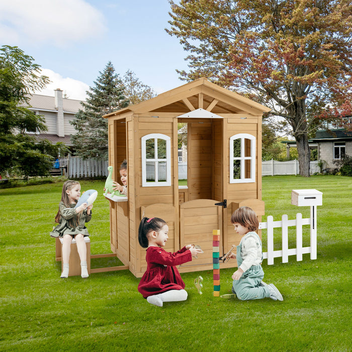 Wooden Playhouse For Kids Outdoor With Working Door, Windows, Mailbox, Bench, Flowers Pot Holder - Natural