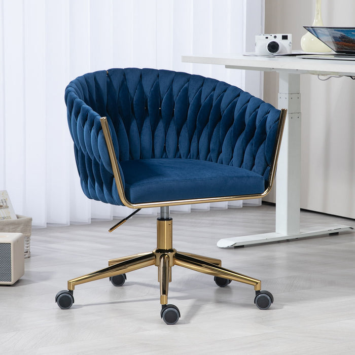 Woven Office Chair, Vanity Chairs With Wheels, Height Adjustable, 360 Degree Swivel For Bedroom, Living Room - Blue