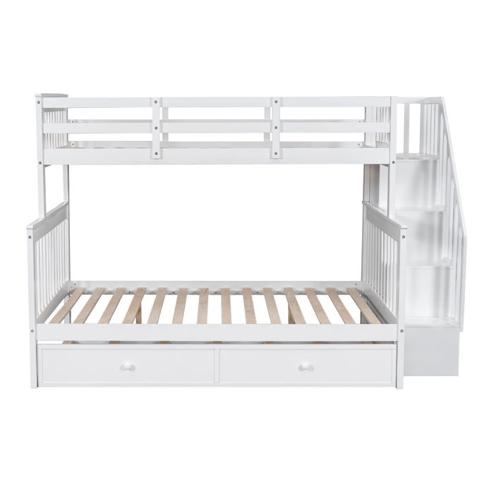 Twin Over Full Bunk Bed With Twin Size Trundle, Storage And Guard Rail For Bedroom, Dorm, For Adults - White