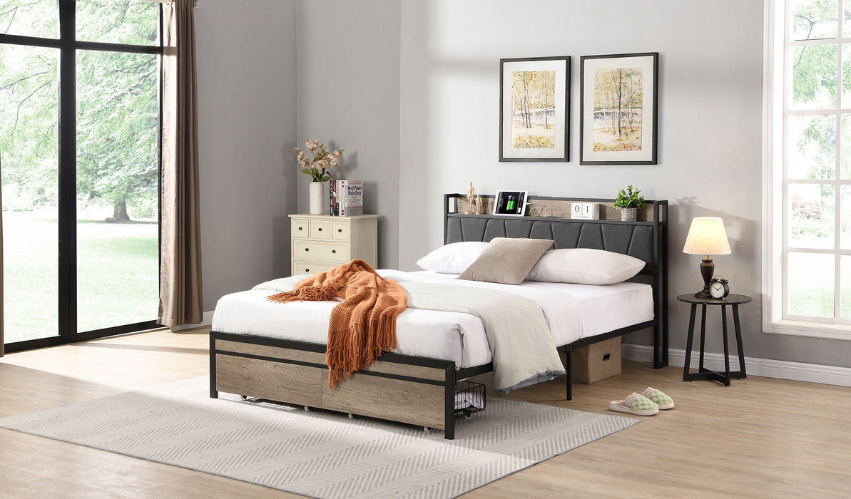 Metal Platform Bed Frame With Upholsteryolstery Storage Function Headboard And USB Liner And Footboard With Drawers, No Box Spring Needed, Large Under Bed Storage