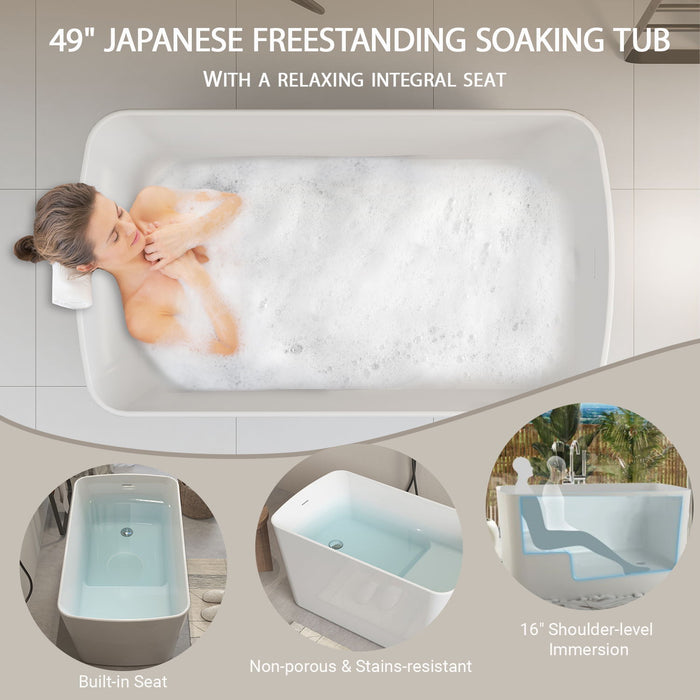 49'' Acrylic Freestanding Soaking Bathtub, Square-Shape Japanese Soaking Hot Tub, Sit-In Design With Chrome Overflow And Drain For Express Delivery 23Amazing-49 (W1920P179228) - Glossy White