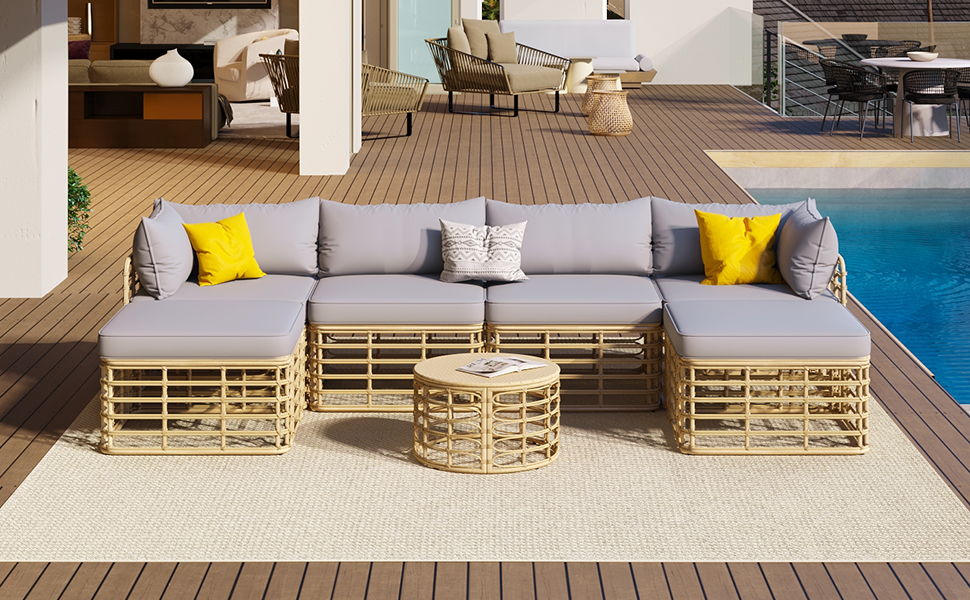 Outdoor Patio Furniture, All-Weather Rattan Sectional Sofa Set With Thick Cushions And Pillows, Freely Combined Conversation Sets For Garden, Backyard, Balcony