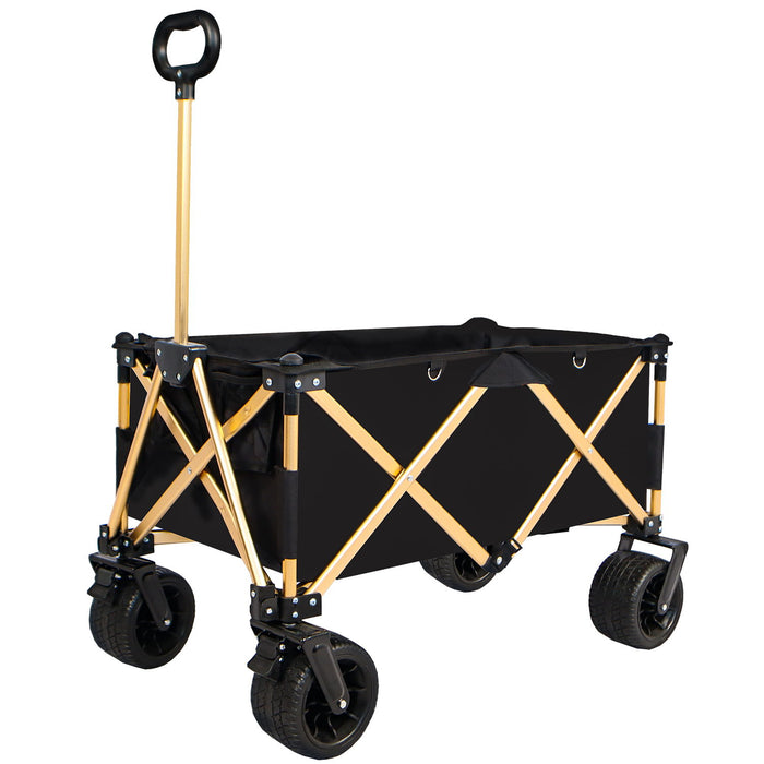 Aluminum Alloy Folding Wagon, Heavy Duty Utility Beach Wagon Cart For Sand With Big Wheels, Adjustable Handle & Drink Holders For Shopping, Camping, Garden And Outdoor - Black