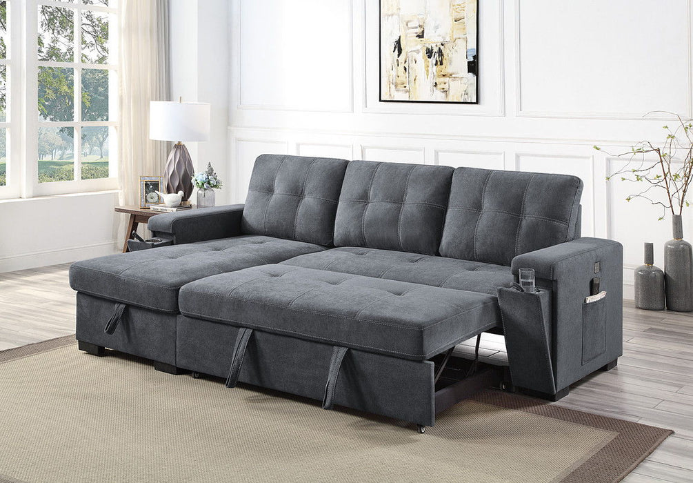 Toby - Woven Fabric Reversible Sleeper Sectional Sofa With Storage Chaise Cup Holder Charging Ports And Pockets