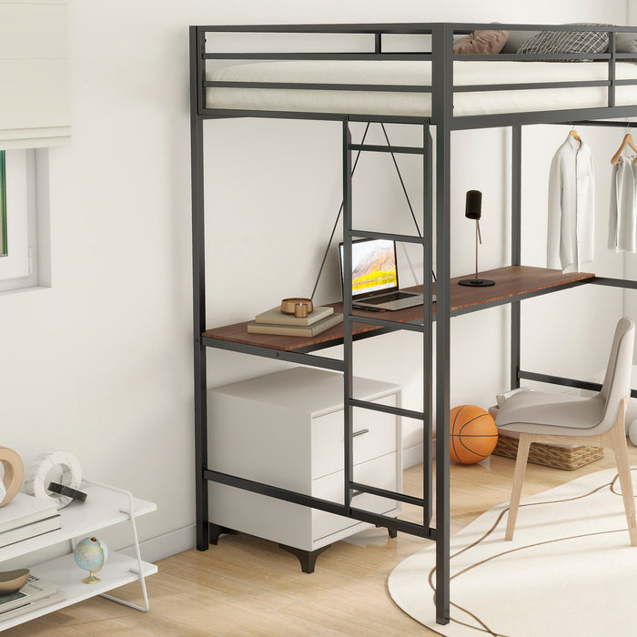 Adam - Twin Loft Bunk Bed With Cinnamon Wood Desk And Closet Rod - Black