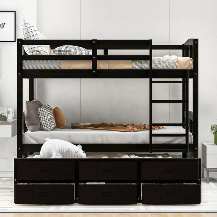 Twin Over Twin Wood Bunk Bed With Trundle And Drawers - Espresso