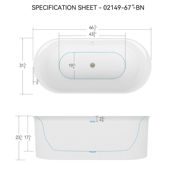 Acrylic Freestanding Bathtub-Acrylic Soaking Tubs, Fluted Style Freestanding Bathtub With Integrated Slotted Overflow And Brushed Nickel Toe-Tap Drain, 02149-Bn - Glossy White