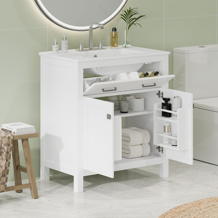 Bathroom Vanity With Ceramic Sink, Modern Single Bathroom Cabinet With 2 Doors And A Shelf, Soft Close Doors