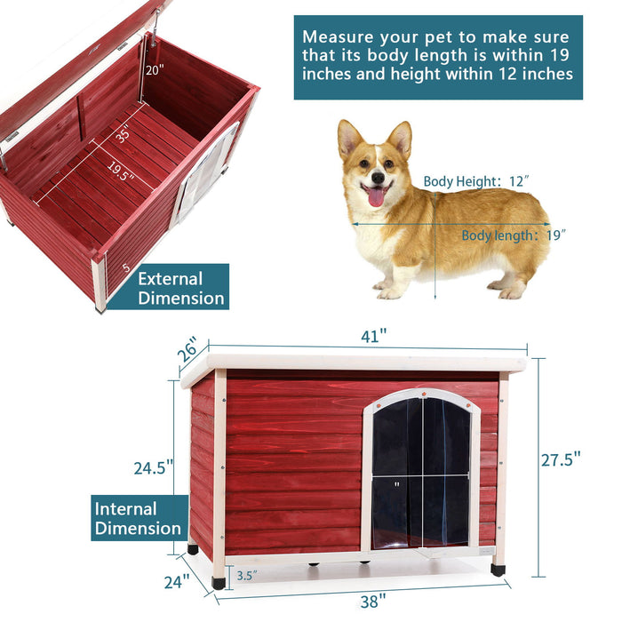 Medium Wooden Outdoor Dog House, Waterproof Roof, Elevated Floor, Adjustable Plastic Feet - Red