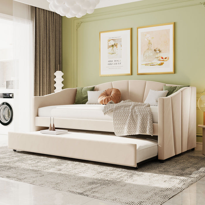 Twin Size Upholstered Daybed Sofa Bed With Trundle Bed And Wood Slat - Beige