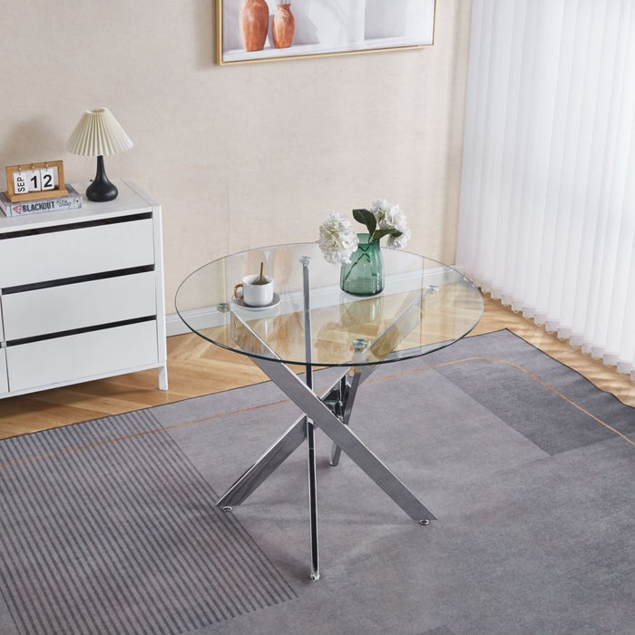 Dining Table With Cross Metal Leg And Tempered Glass, Modern Space Saving Kitchen Table For Living Room