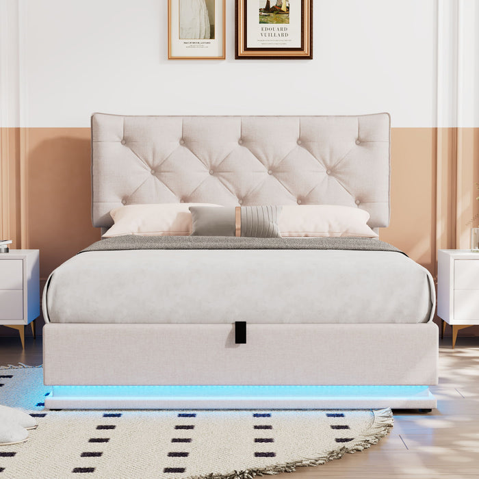 Upholstered Bed With Hydraulic Storage System And LED Light, Modern Platform Bed With Button-Tufted Design Headboard